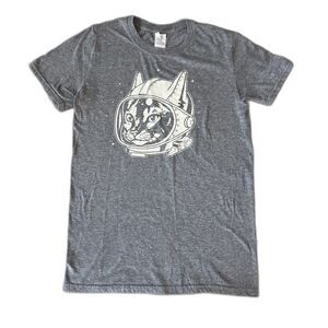 Womens Gray Glow in the Dark Astro Cat Astronaut T-Shirt by Gildan sz Small